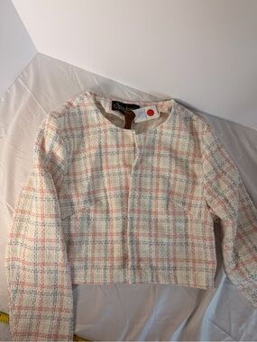 Spoon Jeans XL Tweed Boucle 2pc Skirt Suit Pink Blue Plaid Pearl Button Y2K